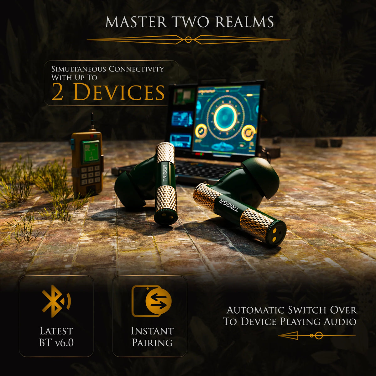 TRIGGR Wukong Gaming TWS with up to 35dB ANC, 4-mic AI ENC, Dual Pairing, 60H Playtime, Monkey-King Design and Latest BT v6.0