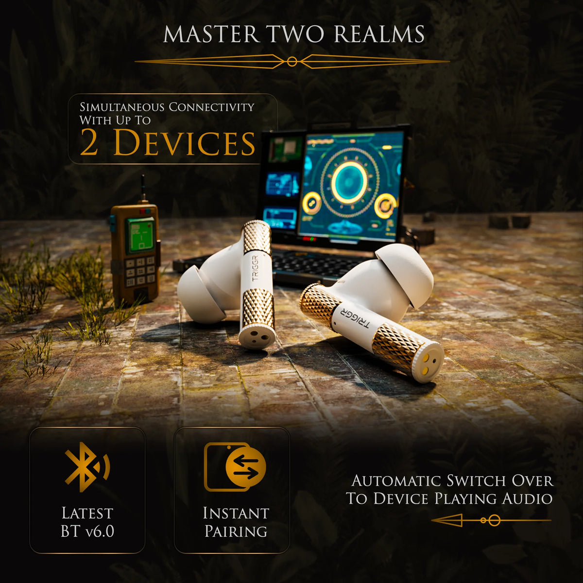 TRIGGR Wukong Gaming TWS with up to 35dB ANC, 4-mic AI ENC, Dual Pairing, 60H Playtime, Monkey-King Design and Latest BT v6.0